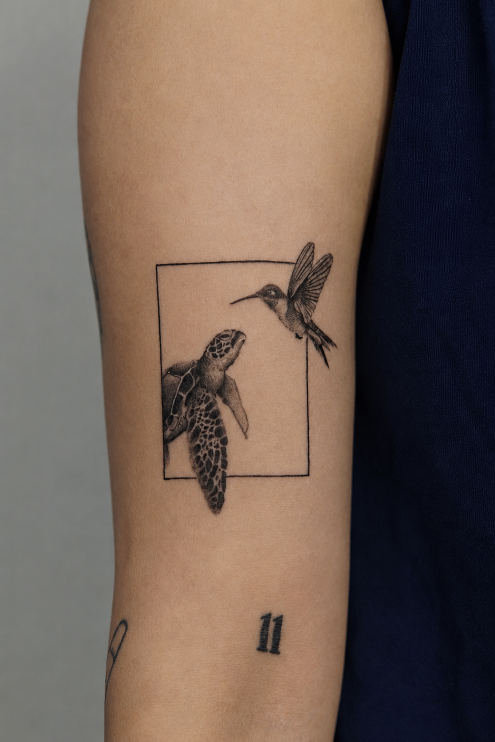 Fine line turtle and hummingbird tattoo composition